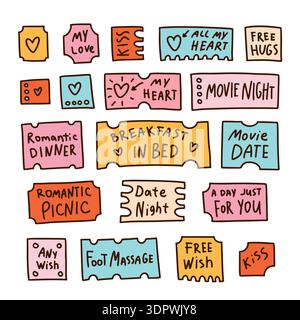 Love Coupon Set für Valentinstag. Niedliche Doodle Sticker Kollektion Stock Vektor