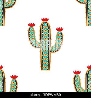 Farbenfroher, gemusterter Kakteen im Hintergrund. Kakteen mit Ornament-Vektor-Illustration. Stock Vektor