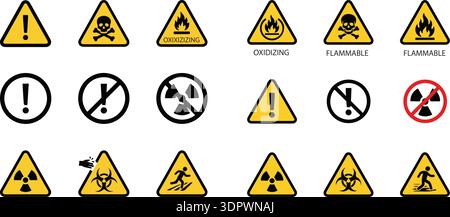 Sammlung von Vektorgrafiken für Gefahrenzeichen auf weißem Hintergrund Stock Vektor