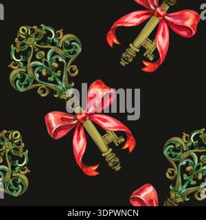 Elegantes, nahtloses Aquarellmuster mit antiken goldenen Schlüsseln und leuchtend roten Seidenschleifen. Handgemalte Vintage-Ornamente mit komplizierten Details Stockfoto