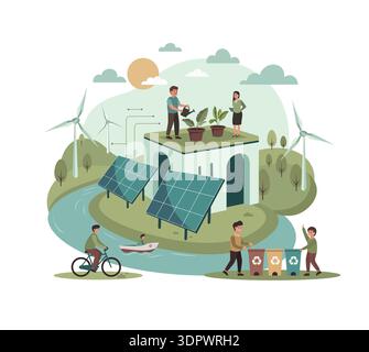 Flache Vektor-Illustration eines nachhaltigen Lebensstils, Menschen, die mit Natur und Ökotechnologien interagieren, Solarpaneele, Anlagen, Recycling Stock Vektor