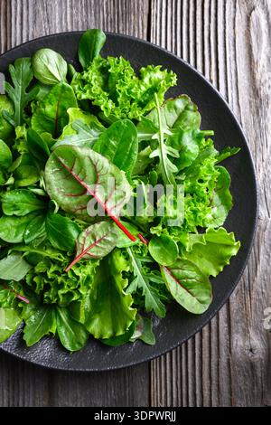 Salatgrün mit Salatblättern auf dunklem Teller von oben. Frisches Blattgemüse auf Holztisch Stockfoto