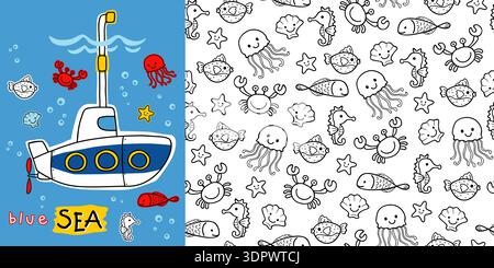 Comic-U-Boot mit nahtlosem Unterwasser-Geschöpf. Stock Vektor