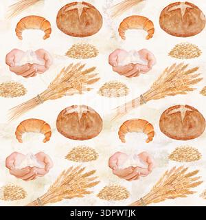 Halbmondbrötchen, rundes Brot, Weizenkörner, Mehlsack. Nahtloses Aquarellmuster auf beigefarbenem Hintergrund mit perfekt für Bäckerei Verpackung, Küche Stockfoto