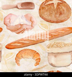 Baguettes, rundes Brot, Weizenkörner, Mehlsack. Nahtloses Aquarellmuster auf beigefarbenem Hintergrund mit perfekt für Backwaren, Küchentextilien Stockfoto