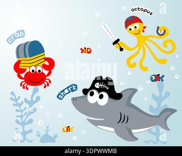 Unterwasserszene mit Piratenhai-Oktopus und Krabbenschatz. Stock Vektor