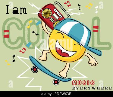 Fröhliche gelbe Smiley-Figur auf Skateboard mit Boombox. Stock Vektor