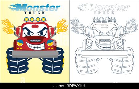 Wütender roter Monster-Truck mit Flammen und Farbseitenversion. Stock Vektor