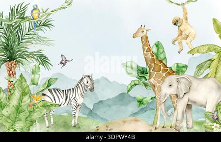 Aquarell Safari Dschungeltapete mit Giraffe, Elefant, Zebra, Affe, Papageien, Himmel und Palmen. Tiermotive für die Innenausstattung von Kinderzimmern, Stockfoto