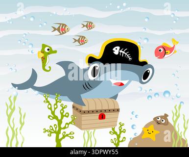 Hammerhai-Pirate mit Schatzkiste unter dem Meer. Stock Vektor