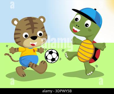 Cartoon-Tiger und Schildkröte spielen Fußball auf einem grünen Feld. Stock Vektor