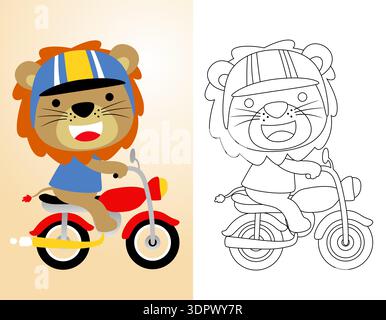 Cartoon-Löwe, der auf einem roten Motorrad mit einer Ausmalseite fährt. Stock Vektor