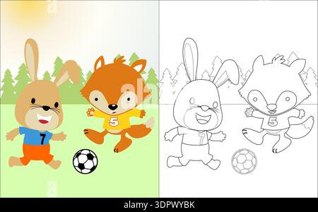 Kaninchen und Fuchs spielen Fußball auf einer Ausmalseite. Stock Vektor