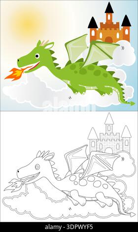 Grüner Drache, der Feuer sprüht, fliegt in der Nähe eines Cartoon-Schlosses. Stock Vektor