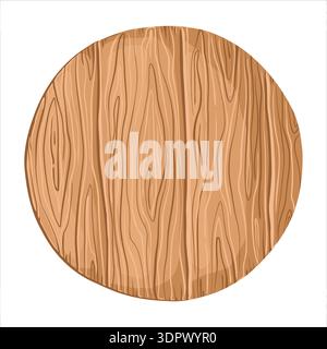 Runde hölzerne Schneidebrett Vektor-Illustration für Lebensmittel Küche Hintergrund. Braune, runde Oberfläche im einfachen Cartoon-Stil mit Holzstruktur. Ideal für Menügestaltung und Essensvorlage. Perfekt für Kunstzwecke. Stock Vektor