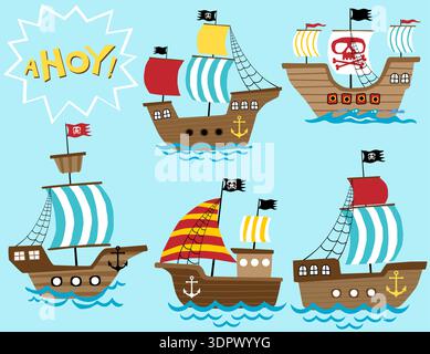 Sammlung von farbenfrohen Karikaturschiffen, die auf Meereswellen segeln. Stock Vektor