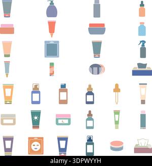 Kosmetik- und Hautpflegeprodukte Icons Set – Schönheitscreme, Lotion, Serum, Tropfflasche, Spray, Kollektion mit flachen Illustrationen für Röhrchen und Verpackungen Stock Vektor