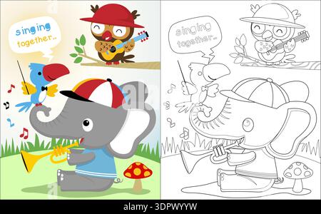 Elefant, Eulen und Vogel spielen Musikinstrumente und singen, Malbuch. Stock Vektor
