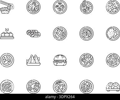 asiatische Küche mit schwarzen Linien. Vektorisoliertes Element. Bearbeitbare Kontur. Stock Vektor