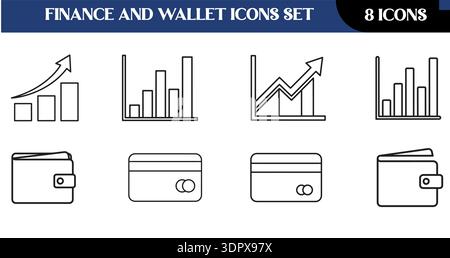 8 Essential Finance and Wallet Line Icons: Minimalistisches Vektorset mit Balkendiagrammen, Wachstumsdiagrammen, Wallets und Kreditkarten für Banking Apps Stock Vektor