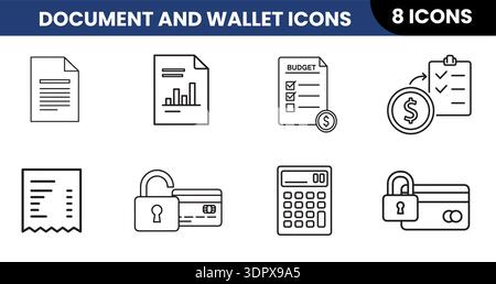 8 Symbole für professionelle Dokumente und Wallet-Positionen: Minimalistisches Vektorset für Budgetierung, Finanzplanung, Kreditkartensicherheit und Unternehmensbuchhaltung Stock Vektor