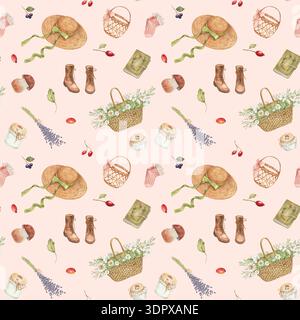Nahtloses Vintage-Muster mit rustikalem Cottage-Dekor. Cottagecore-Muster mit Wildblumen Stockfoto