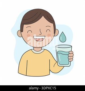 Lächelnder Junge, der ein Glas reines Wasser mit frischem Tropfen hält Stock Vektor