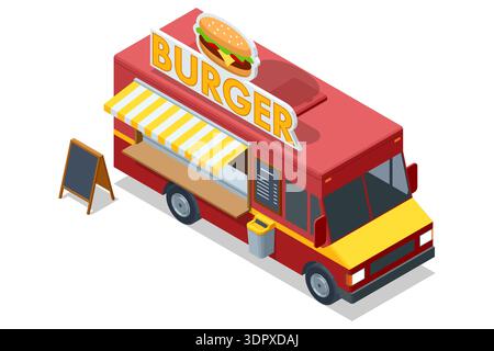 Isometrischer Burger Food Truck mit gestreiftem Markise und Menütafel. Fast Food Street Vendor Konzept für Imbiss-, Snack- und mobile Gastronomiebetriebe Stock Vektor