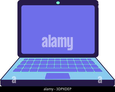 Blauer und türkisfarbener Aufkleber mit AI-Technologie und „Doodle Outline“-Design mit Laptop. Helles Flaches Symbol Stock Vektor