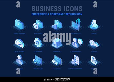 Technologiesymbole für Business- und Enterprise-Workflow-Diagramm – KI-KI, KI-Automatisierung, Geschäftsstrategie, Wachstum, kpi, Compliance, KI-Dekisi Stock Vektor