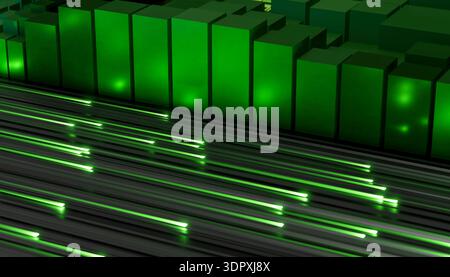 Ein lebendiges digitales Rendering mit grünen Würfeln im Kontrast zu dynamischen Lichtspuren. Das Bild verströmt mit seiner St ein futuristisches und technologisches Gefühl Stockfoto