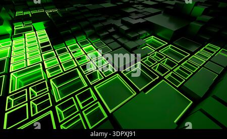 Abstrakte Abbildung mit leuchtend grünen 3D-Würfeln, die ein dynamisches Rastermuster bilden. Das Bild vermittelt ein Gefühl von Tiefe, Modernität und futuristischem T Stockfoto