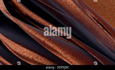 Hochwertiges Rendering mit elegantem Stoff und komplexen orangefarbenen Mustern. Das Design zeichnet sich durch fließende Texturen aus, die das subtile Zusammenspiel hervorheben Stockfoto