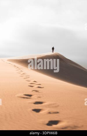 Ein Alleinreisender steht auf einer riesigen Düne in der Namib-Wüste in Namibia, nahe dem Sandwich Harbour. Fußabdrücke zeichnen die Reise durch den goldenen Sand unter Stockfoto