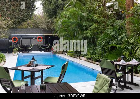 Eine ruhige Terrasse am Pool mit grünen gepolsterten Holzstühlen und Tischen neben einem klaren blauen Pool, umgeben von dichten tropischen Pflanzen und hohen tischen Stockfoto