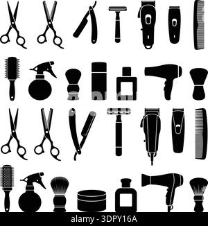 Friseur und Friseur Salon Werkzeuge Silhouette Icon Set Vektor Sammlung isoliert auf weißem Hintergrund Stock Vektor