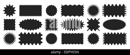Vektorsatz mit verschiedenen geometrischen Formen der schwarzen Zick-Zack-Kante. Gewellte Ränder, Zickzackrahmen, Verkaufsaufkleber, gezacktes Papier. Rechteckiges, kreisförmiges, quadratisches Logo mit gewellten Kanten. Gezackte gekrümmte Rahmenelemente Stock Vektor