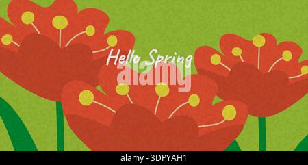 Ein lebhaftes Hello, eine Frühlingspostkarte oder ein horizontales Poster mit Wildblumen für die Frühlingsferien. Naturkonzept. Handgezeichnete Blumenschablone für Ostern Stock Vektor