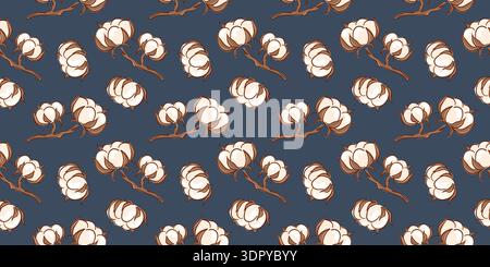 Nahtloses Muster mit Baumwollblume auf Zweig auf dunklem Hintergrund in flachem Stil. Illustration Textil Design für Stoff, Verpackung, Tapete und Stock Vektor