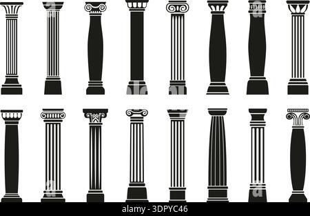 Schwarze Säule. Antike Steinsäulen, antike griechische römische Säulen schneiden Silhouetten. Klassische mediterrane Architekturelemente, Kolonnade, Fassade Stock Vektor