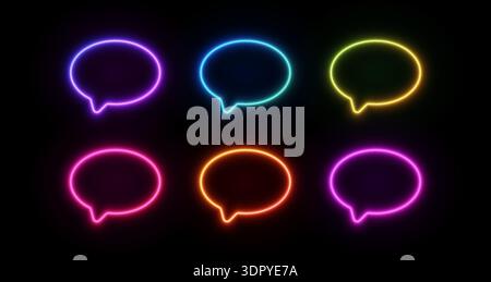 Sprechballon mit leuchtendem Neon und hellem LED-Lichteffekt. Farbenfroher Sprechrahmen mit rosafarbenen, blauen und gelben Farbverläufen für moderne Chat-Oberfläche und Grafiken für Cyber-Konversationen. Stock Vektor
