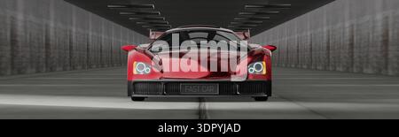 Vollständige Frontalansicht eines roten Rennwagens in einem Industrietunnel - 3D-Illustration Stockfoto