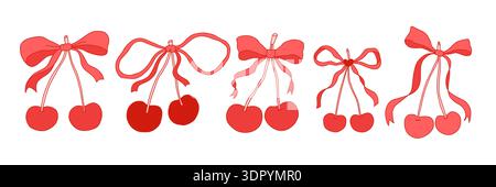 Set handgezeichneter Schleifen mit Kirschen im Coquette-Stil. Niedliche feminine dekorative Elemente für digitales Design, Scrapbooking, Planer, Einladungen, Verpackung, soziale Medien. Vektorabbildung Stock Vektor