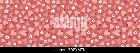 Nahtloser Erdbeervektor-Hintergrund mit handgezeichneten Beeren und Blumen. Niedliches Sommermuster für Stoffe, Poster oder trendige Modeprojekte. Leuchtendes rosafarbenes und rotes Muster. Stock Vektor