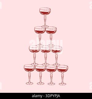 Ein eleganter, handgezeichneter Champagnerturm. Martini-Pyramide. Abbildung der roten Umrisse des isolierten Vektors. Festliche alkoholische Getränke Stock Vektor