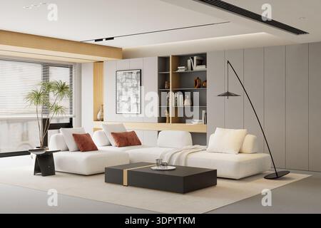 Warmes, modernes Wohnzimmer mit neutraler Farbpalette, eingebautem Stauraum, edlen Möbeln und natürlichem Tageslicht schaffen eine ruhige, moderne Wohnatmosphäre Stockfoto