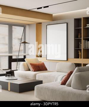 Warme, moderne Inneneinrichtung mit einem leeren weißen Bilderrahmen an einer strukturierten Wand für kreative Kunstwerke in einem stilvoll dekorierten Apartment Stockfoto