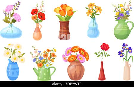 Zeichentrickstrauß in Vasen. Frühlingsfeld Blumen in Glaskrug oder Keramik Vase, frischer Garten Blume Stiel nette Wildblumen Bündel Blüte Tulpen Iris lilly Set ordentliche Vektor Illustration Original Kunstwerk Stock Vektor
