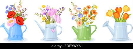 Blumen in der Gießkanne. Garten oder Feld Wildblumen Blumenstrauß im Topf mit Wasser, Blumengeschäft Frühling ostern Gartenarbeit Konzept Blumenpflanzen botanisches Set, saubere Vektor Illustration Original Kunstwerk Stock Vektor