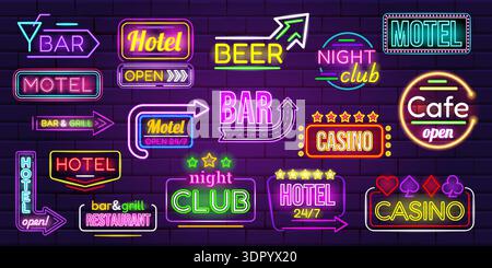 Motel-Neonschilder. Leuchtende Neonschilder, Retro Motel Bar Beschilderung Nachtwerbung Banner Vintage Schilder Boards Hotel Casino vegas Restaurant Licht Icon, Kicky Vektor Illustration Original Kunstwerk Stock Vektor